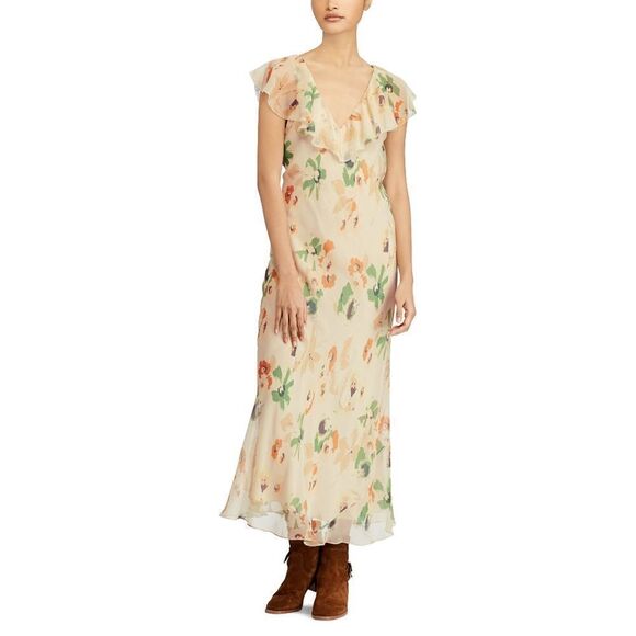 New! RALPH LAUREN Women's 100% Silk Floral Print Ruffled Prairie Dress - Picture 2 of 7